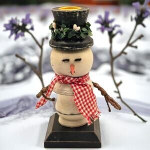Primitive Snowman Candle Holder Folk Art Christmas Decor Black Hat